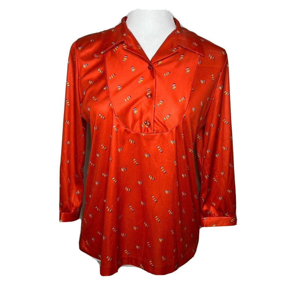 Vintage‎ Blouse Womens 10 Red Abstract Dash Print 70s Retro Bib Front Good